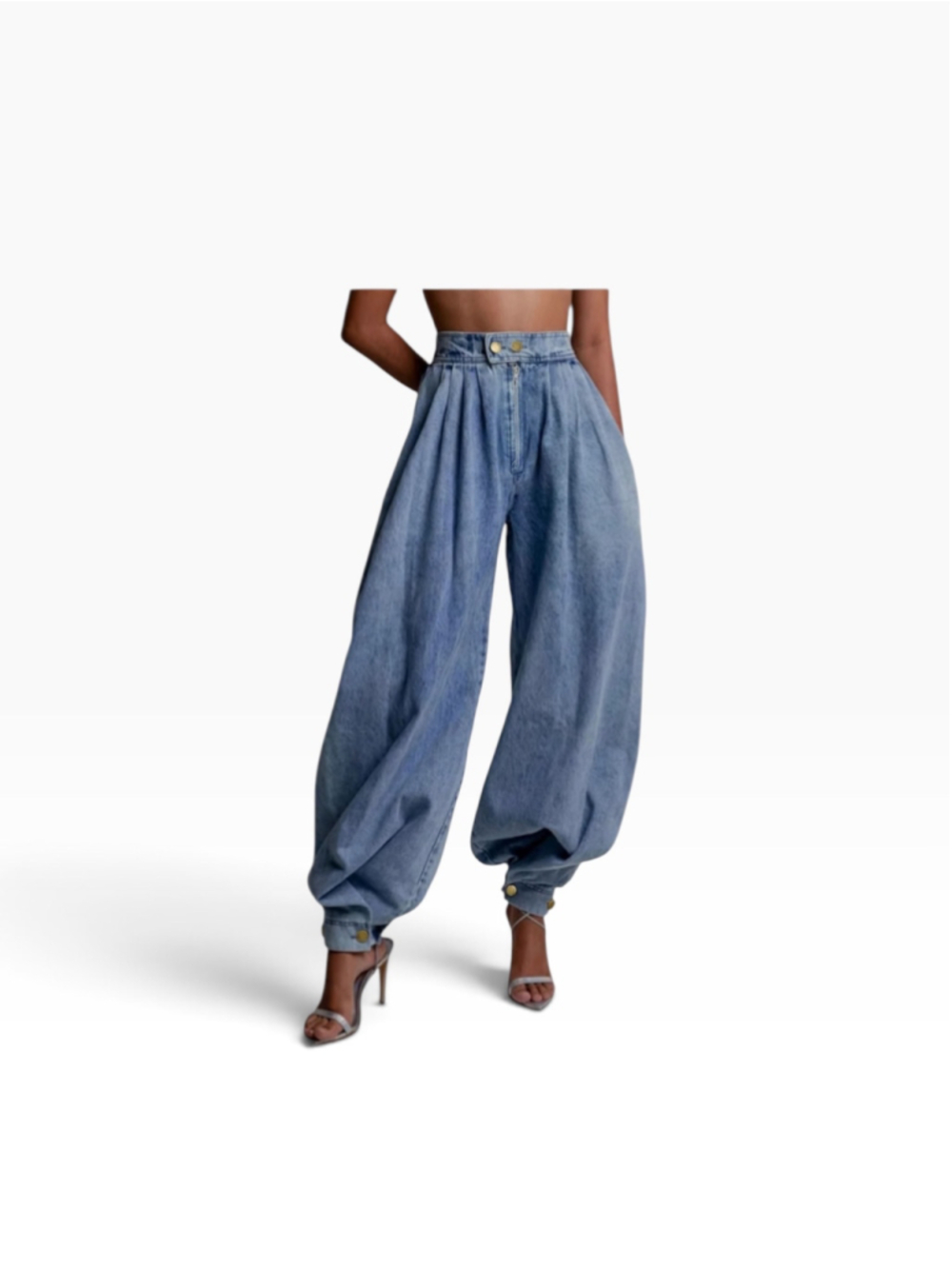 Balloon acid wash jeans gray size S baggy stretch back ruched waist cuff ankle